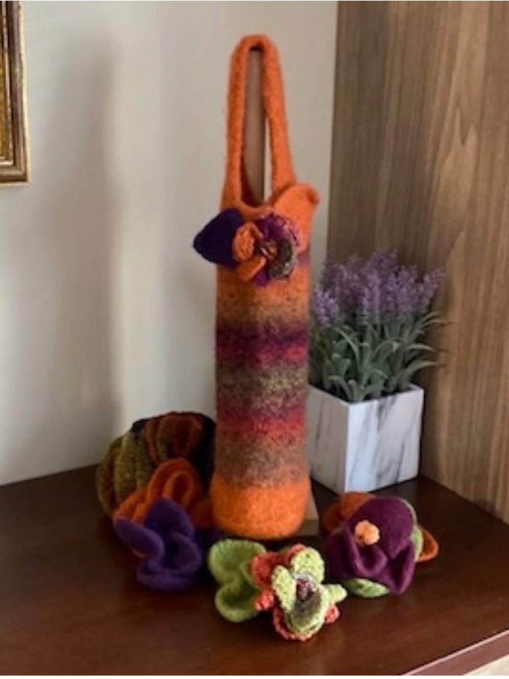 Handmade Black Hand Knitted Felted Wool Embellished Wine or Bottle Bag